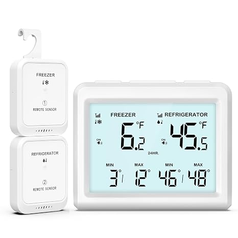 Refrigerator Thermometer, Wireless Backlight Fridge Thermometer, Freezer Thermometer with Alarm, Max/Min Refrigerator Thermometer for Home Restaurant