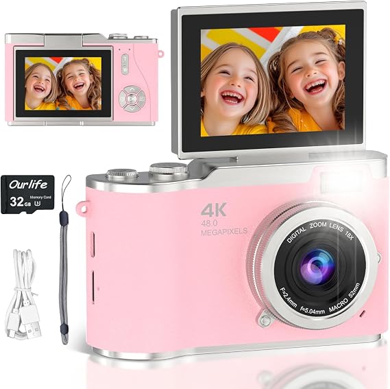 4K Digital Camera,Autofocus 48MP 1080P HD Video Selfie Camera with 180° Flip Screen,Digital Camera 8X Zoom Anti Shake Compact Cameras for Photography,32GB TF Card for Kids Teens Beginner