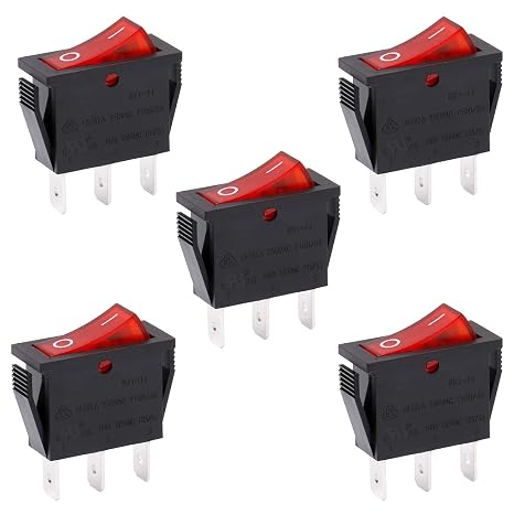 Heschen SPST Rocker Switch 3 Terminals Red Light 16A 250VAC 5pcs