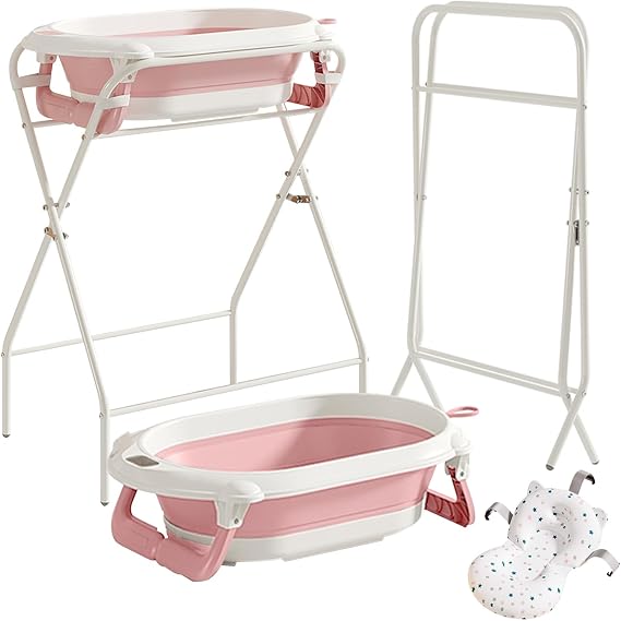 UBRAVOO Baby Bath with Stand, Baby Bathtub Foldable with Thermometer and Bath Pillow, Ergonomic Cushion and Drain Hose, Durable & Easy to Store, Best for Newborns & Babies Up to 12 Months (Pink)