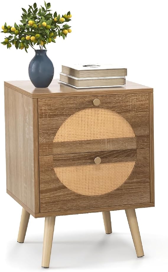 COSTWAY Rattan Bedside Table, Wooden Nightstand Sofa Side Table with 2 Storage Drawers, Solid Wood Legs Bedside Cabinet Accent End Tables for Small Space, Bedroom and Living Room, 40x40x56cm (1PC)