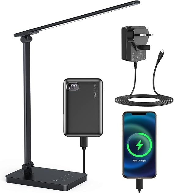 Desk Lamp Eye Caring LED Table Lamp Dimmable Bedside Lamp with 2 USB Charging Ports and 10 Brightness Levels x 5 Colour Modes Touch Control Daylight Lamps for Office, Bedside, Reading- Auto Timer