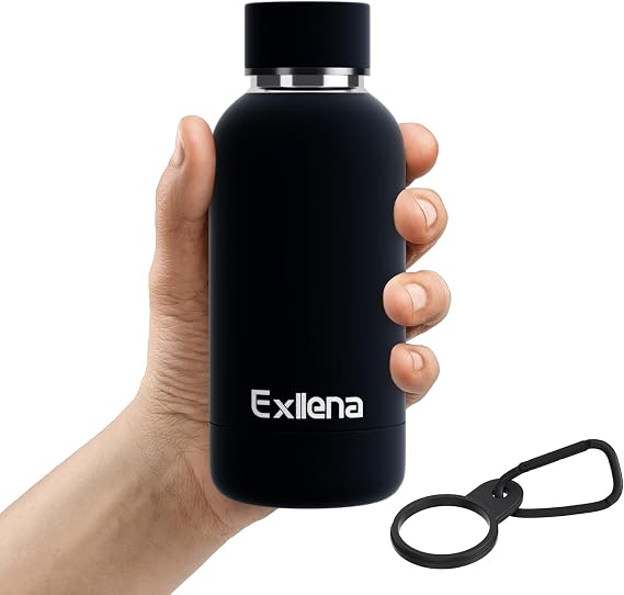 Exllena Double Wall Vacuum Insulated 350ml Bottle with Clip - Keeps Drinks Cold/Hot Up to 24/12 Hrs - BPA Free (Black)