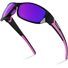 DEAFRAIN Polarized Sports Sunglasses for Men Women Driving Fishing Cycling Running UV Protection, Frame: Gloss Black+pink/ Lens: Purple, adult