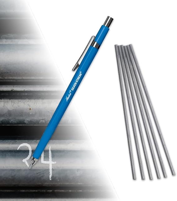 Markal 96107 Silver-Streak Refillable Mechanical Holder With 6 Silver Highly Visible Reflective Lead Refills, Built-in Sharpener, 1 Click Advance -Ideal for Metal Layout & Fabrication Work