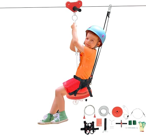 Zip Line Kits for Garden, 160ft Zipline Kit with Seat &amp; Safety Harness For Kids and Adults, Zip Wire Kit with Harness &amp; Gloves &amp; Tree Protectors &amp; Spring Brake, 330lbs Capacity