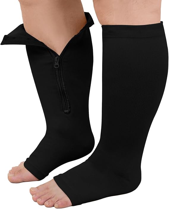 PUTUO Plus Size Compression Socks: Wide Calf Zip Flight Sock Women Men Extra Large Graduated Open Toe Support Stockings 20-30 mmHg 1Pairs