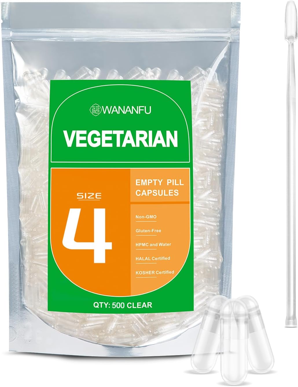 WANANFU Size 4 Empty Capsules Vegetarian 500 Count Bundle with 2 Micro Lab Spoons, Compatible with Capsule Filling Machine Size 4