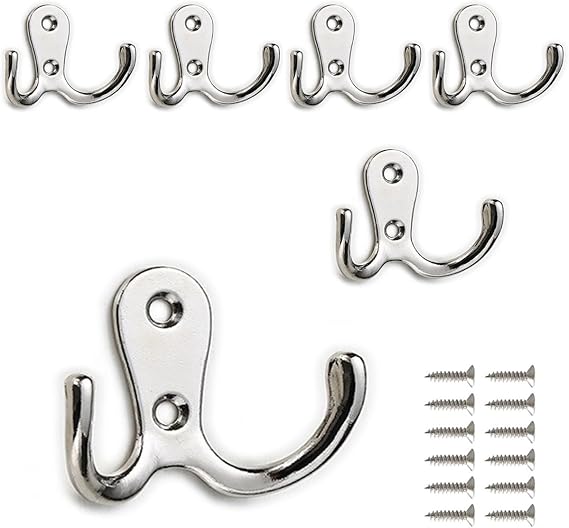 PAIDASHU 6-Pack Double Coat Hooks, Metal Hooks, Wall-Mounted Coat Hooks with Screws for Hanging Clothes, Hats, Towels, Keys, Kitchenware, for Living Room, Bedroom, Bathroom, Kitchen (Silvery)