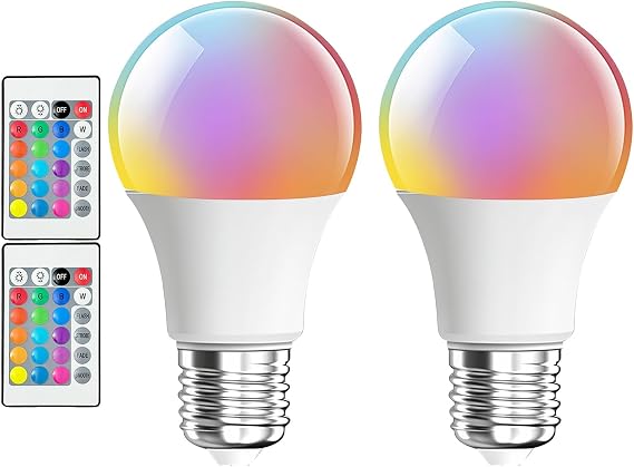Colour Changing Light Bulb with Remote Control, 2 Pack 9W E27 RGB Light Bulb, Dimmable Colour Changing Bulb for Home Mood Lighting, 360 Degree Beam Angle LED Light Bulbs with Remote