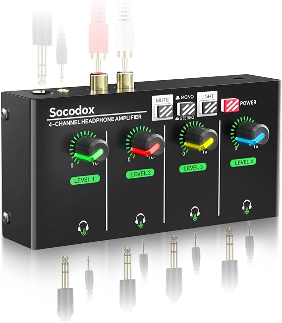 4 Channel Headphone Amplifier 3.5mm/6.35mm/RCA Jacks, Metal Headphone Splitter with 8 Headphone Output Port, Compact Headphone Amp with Stereo Switch, RGB Light