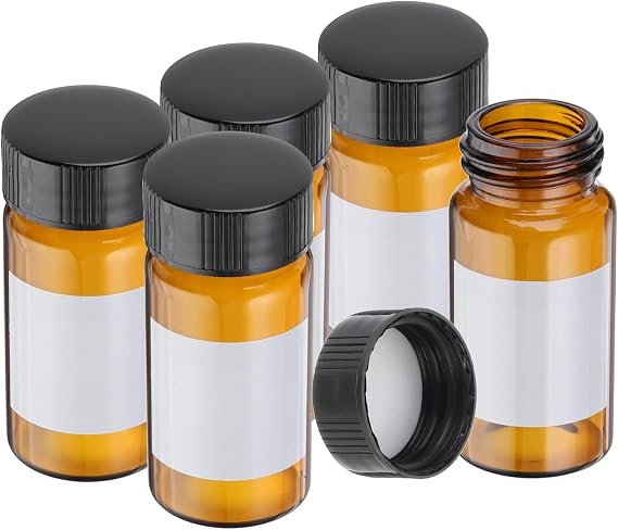 PATIKIL Small Glass Sample Bottles with Lids, 5 Pcs 20ml Amber Glass Vials with Black Screw Caps Mini Leak Proof Reagent Sealed Bottles with Writing Label for Solid Liquid Powder Storage