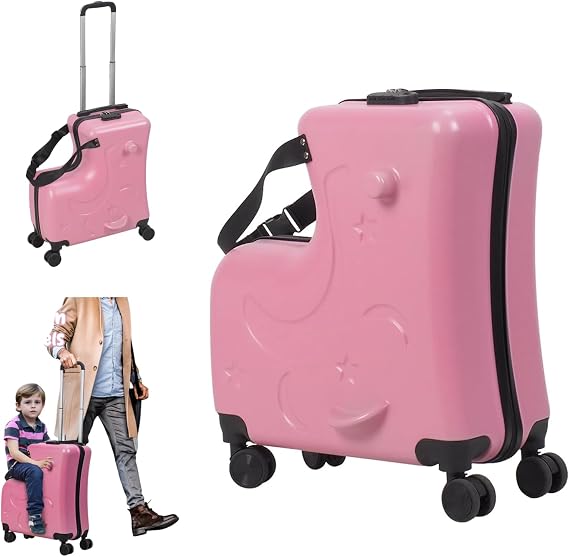 20" Ride on Suitcase for Kids, Kids Luggage with Seat Childrens' Carry Trolley Luggage with Lock & Safety Belt 360° Silent Wheels for Short Trips Pink Pink