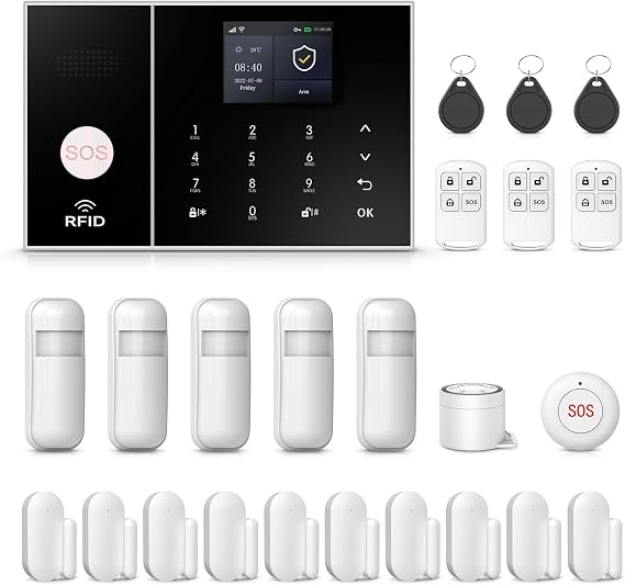 PGST Wireless Home Alarm Systems Kit 24 Pieces with Colour Display SOS/RFID Door/Motion Sensors 4G & WiFi Alexa/App Smart Life No Subscription