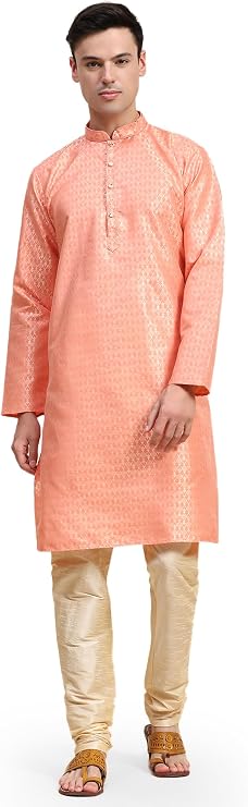 SKAVIJ Men’s Jacquard Silk Kurta Pajama Set | Traditional Long Sleeve Kurta with Churidar Pajama | Perfect for Diwali, Wedding & Festival Celebrations Orange_Medium, M