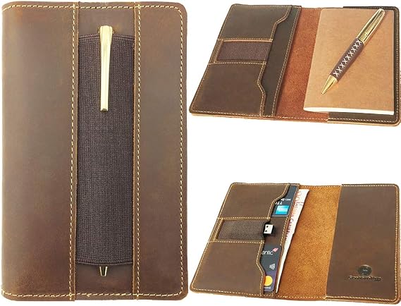 Leather Field Notes Cover, Moleskine Cahier Journal Cover | Handmade Vintage Leather Cover for 3.5" x 5.5" Brown Pocket Field Notebook & Small Notepad | Incl Pen + Field Note Booklet Pen Card Holder