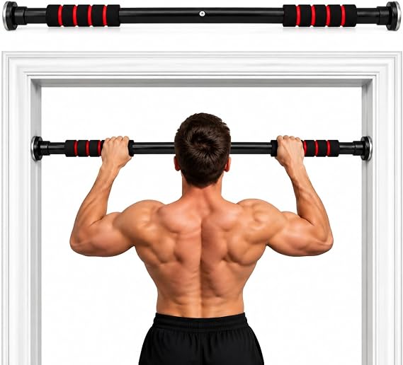 Adjustable Doorway Pull Up Bar Telescopic Chin Up Bar Heavy Duty Steel Home Gym Exercise Bar with Foam Grips for Upper Body Strength Training Silver or Black