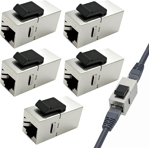 RJ45 Keystone, 10Gbps Shielded Network Module Cat7, RJ45 Female Keystone Coupling for Ethernet Patch Panel, High Speed Network Connector (5 Pack, Silver)