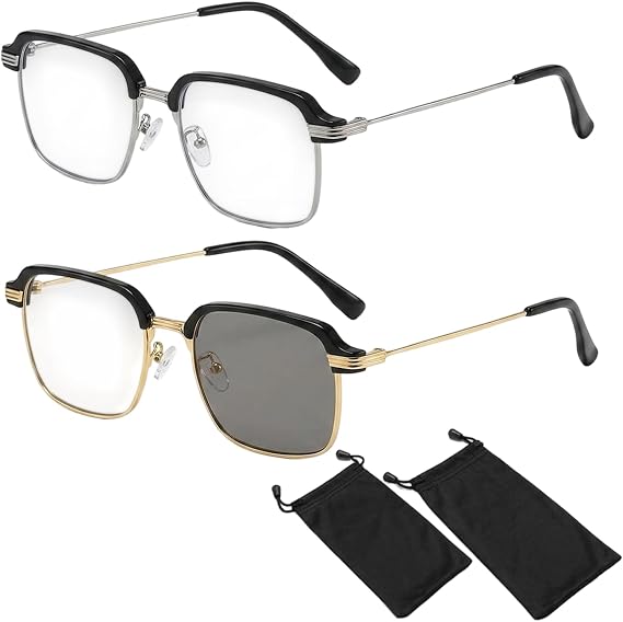 suction 2 PCS Vision Sync Multifocal Glasses, Auto Focus Glasses, with BlackSilver and Black Gold Frames, Plus 2 Glasses Cases, Ideal for Office Workers, Travelers, and Eyewear Enthusiasts