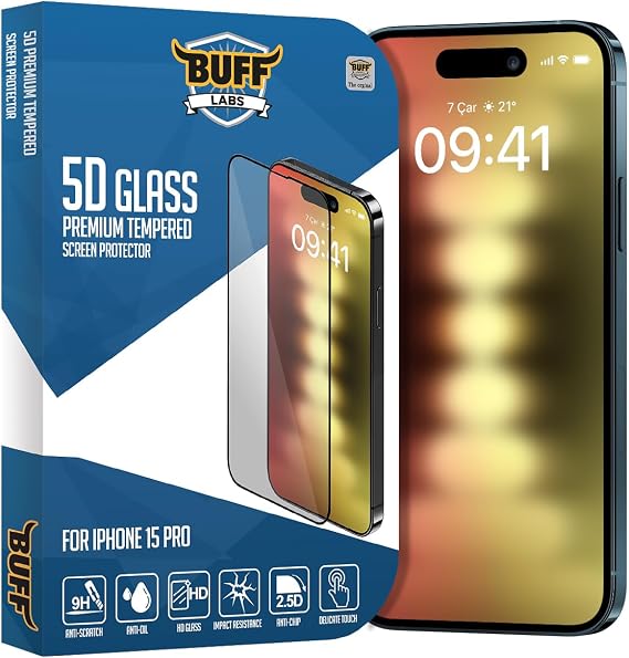 Buff, iPhone 15 Pro ile Uyumlu 5D Glass Ekran Koruyucu, BF5P5D, Şeffaf