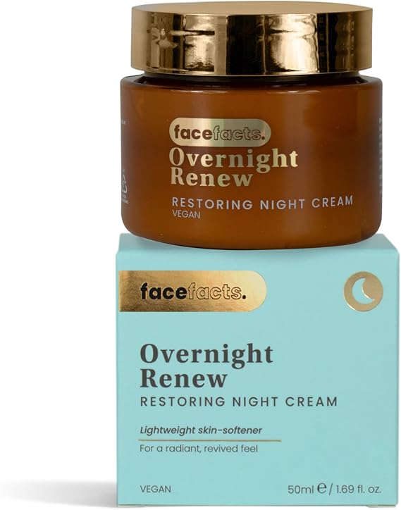 Face Facts Overnight Renew - Restoring Night Cream. Luminating blueberry and acia berry with aloe vera and anti-ageing centella asiatica, smooth, refine and glow. 50ml