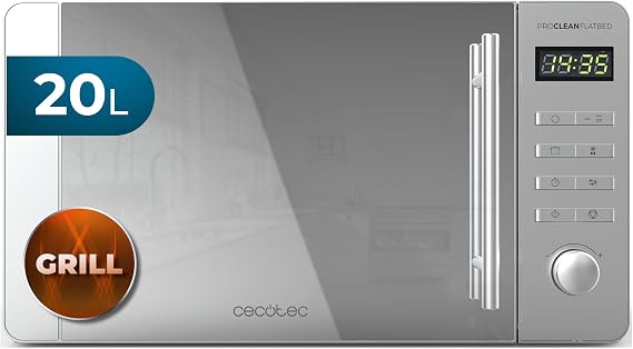 Cecotec Microwave 20L Proclean 5120 Flatbed. Stainless Steel 700W Power and Grill 800W, 8 Programs, LED Display, Mirrordoor Design, Ceramic Interior, 30 min Timer, 3Dwave Technology