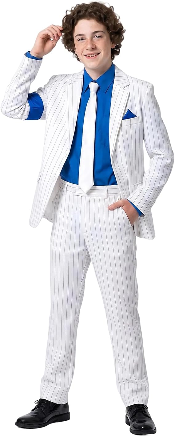 Pop King Michael Stage Outfits, Rockstar MJ Tour Blazer Suit - White Stripe Jacket Pants &Tie 80s 90s Dress Set for Halloween Dance Party Casual