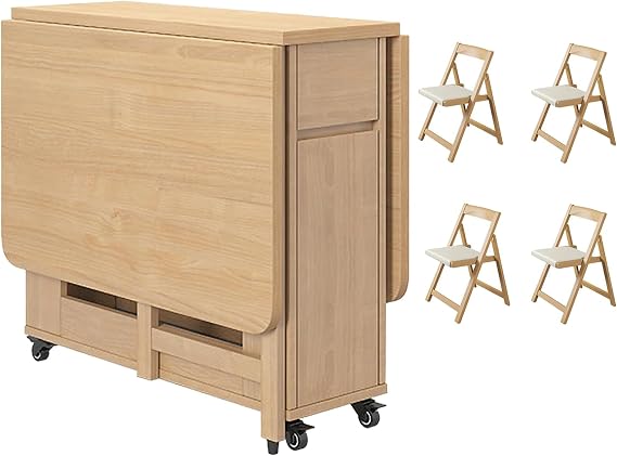 Extendable Kitchen Table Set(1.4 M), Wooden Folding Dining Table, with 4 Chairs + Storage Drawer, Accommodates 4-8 People, Wood + Soft Folding Chair, for Dining Room,Wood color