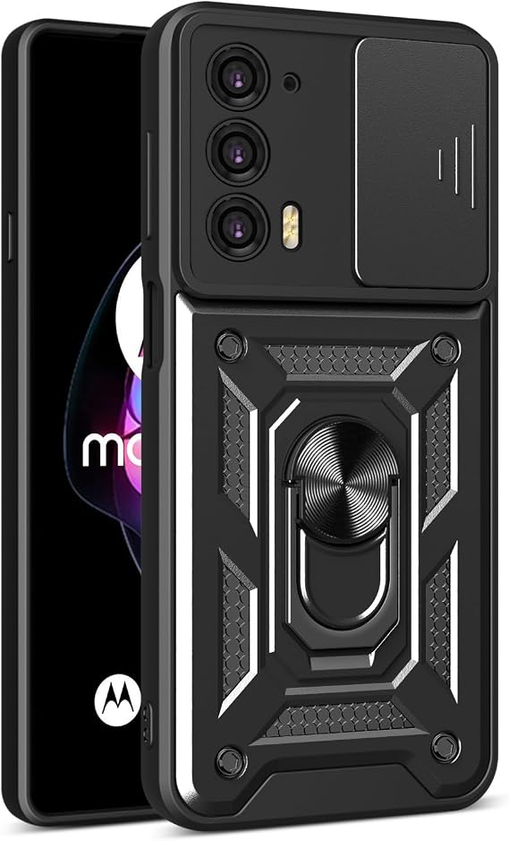 For Motorola Moto Edge 20 Case with Slide Camera Protective Cover & Rotatable Kickstand, Military Grade Shockproof Anti-Scratch Cover for Moto Edge 20 - Black
