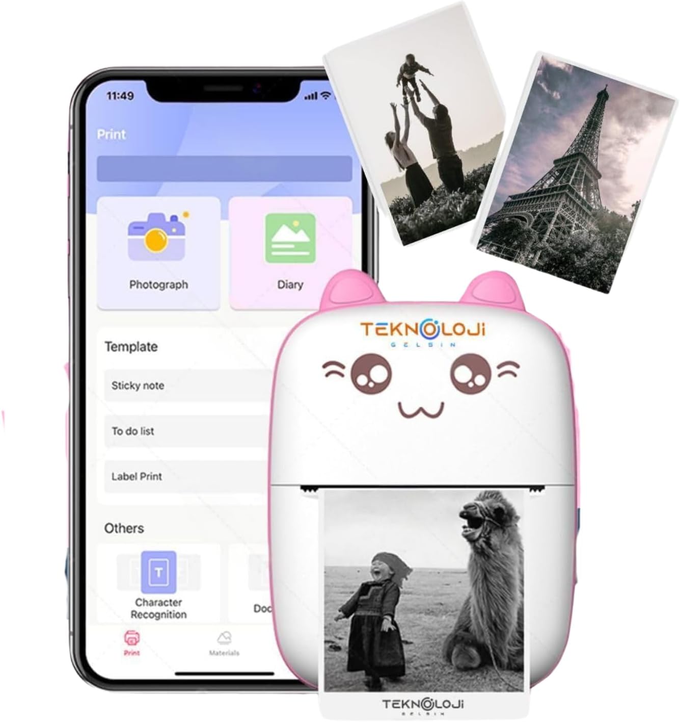 Mini Pocket Printer Portable Bluetooth Wireless Rechargeable 6 Roll 3 Pen Set Gift Pink Printer
