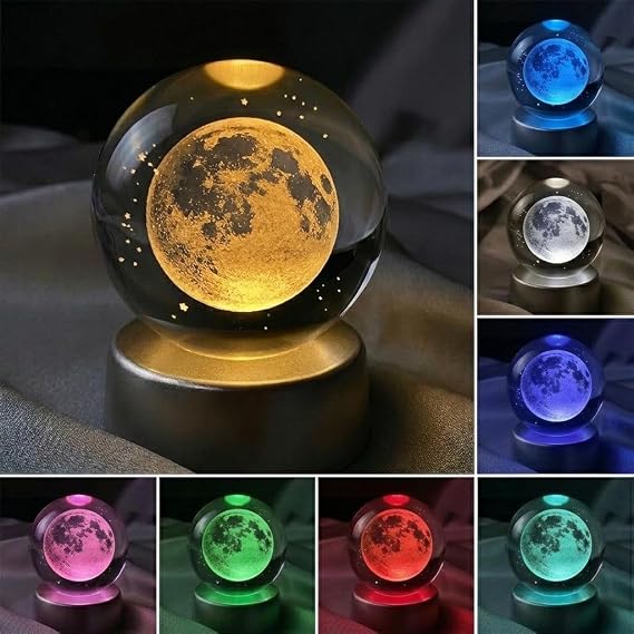Senon Dolunay Kristal Cam Küre Renk Değiştiren LED Işıklı Gece Lambası Dekoratif Hediyelik [Enerji Sınıfı A+++]