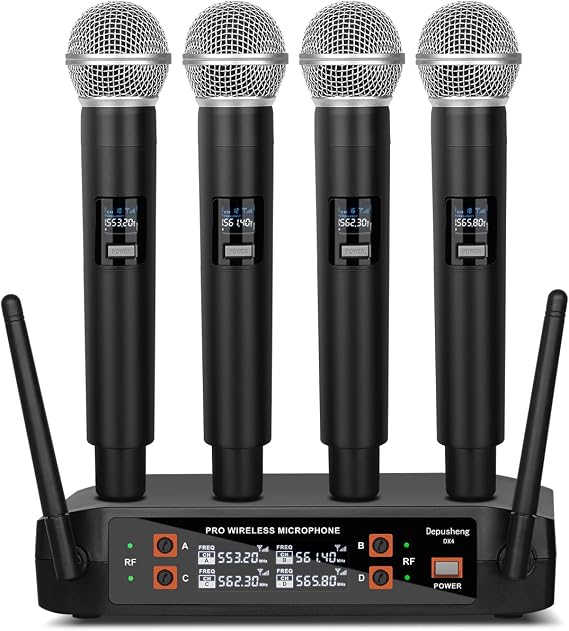 Depusheng Wireless Microphone System, 4 Channel Wireless Microphone, Fixed Frequency Cordless Microphone with 4 Dynamic Handheld Microphones, 50 m Range, Microphones for Vocals, Church
