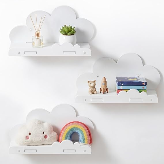 3Pcs Cloud Shaped Floating Wall Shelves Set White Nursery Shelf Wall Mounted Decorative Display Rack for Books Toys Cute Aesthetic Storage for Kids Bedroom Playroom & Bathroom