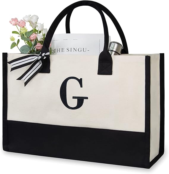 Personalized Initial Canvas Beach Bag, Monogrammed Gift Tote Bag for Women