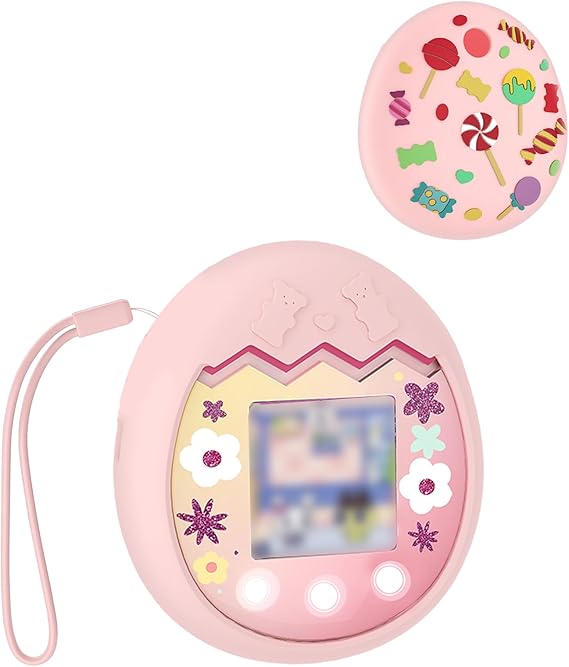 Silicone Protective Case for Tamagotchi Pix - Soft Anti-Drop Shockproof Case with a String Electronic Pet Accessories Protection for Virtual Pet Game Machine (Pink)