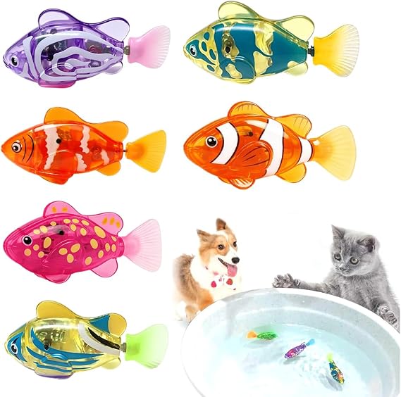 6 PCS Robot Fish, Interactive Robotic Fishes, Sensors Activated Swimming Fish with Light Up, Electric Fish Toy, Self Moving Action, Multi-Colour Aquatic Design for Pet Cats, Bath