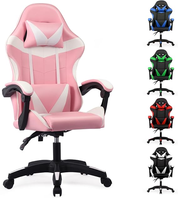 Gaming Chair, Computer Chair with Lumbar Cushion, Headrest, Height-Adjustable Ergonomic Gaming Chairs for Home, Office (Pink)