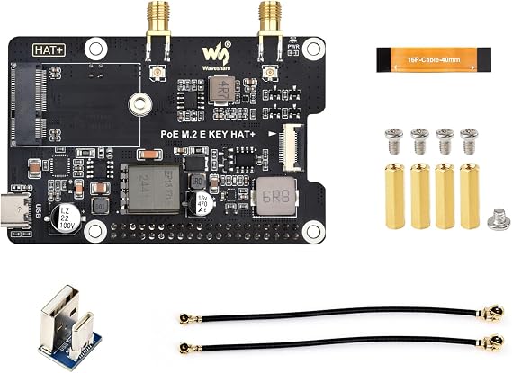 Waveshare PCIe to M.2 E Key Adapter with PoE Function, Compatible with Raspberry Pi 5, Support NGFF (M.2 E Key) Wireless NIC, Raspberry Pi 5 PCIe HAT