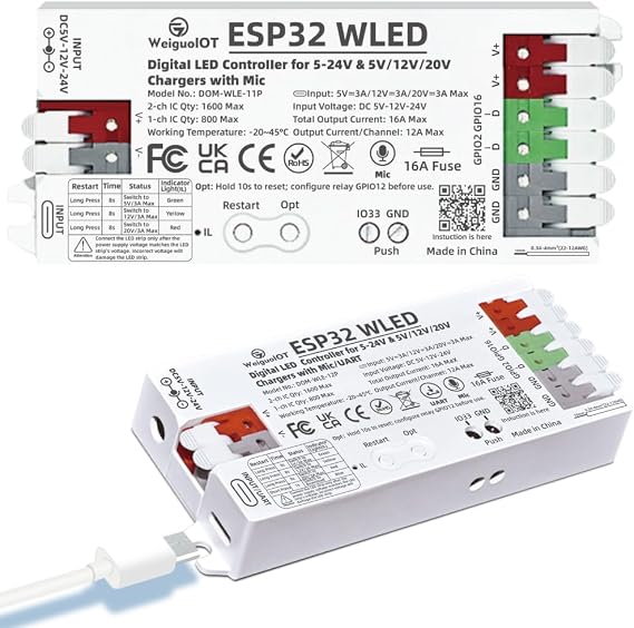 ESP32 WLED Controller Digital LED Strip Controller with Microphone USB-C, 5-24V,16A Fuse, Dynamic DIY Lighting App Control for Addressable Strip WS2811 WS2812 SK6812 TM1814 WS2813 WS2815
