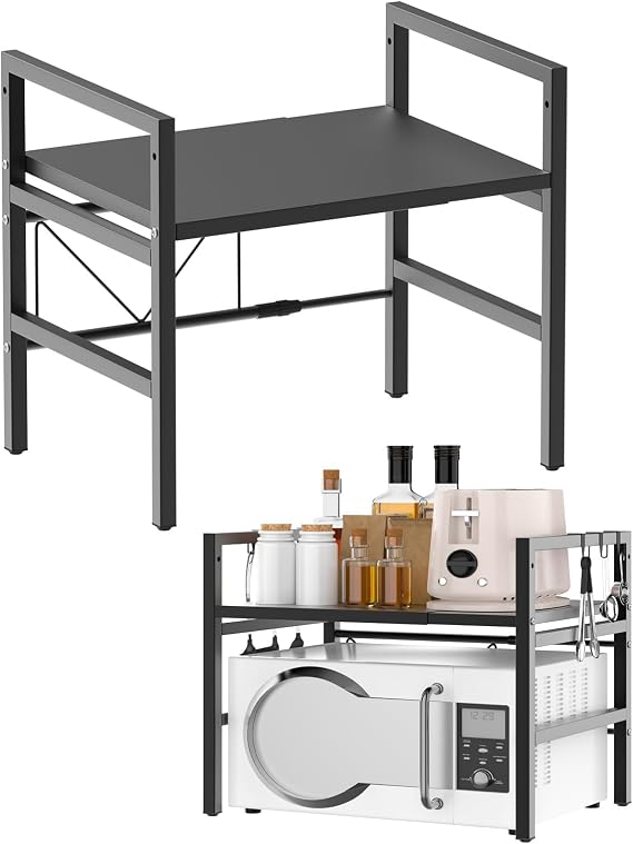 AUTOFU Expandable Microwave Shelf, 2 Tier Microwave oven Rack Stand Storage Holder Kitchen Corner Shelf Desktop Printer Shelf Rack, Bakers Rack, Maximum load 25kg (Black, with 6 Hooks)