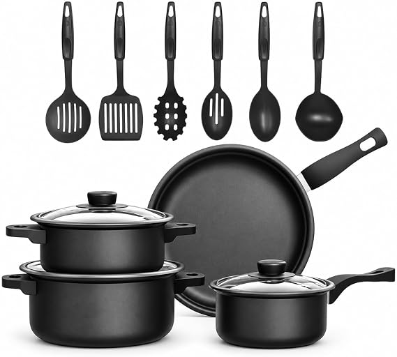 13PCS Induction Pan Set Saucepan Set Cookware Pot Non Stick Saucepan Glass Lid Black 22cm Frying Pan 16-22cm Pots 6 Kitchen Tools