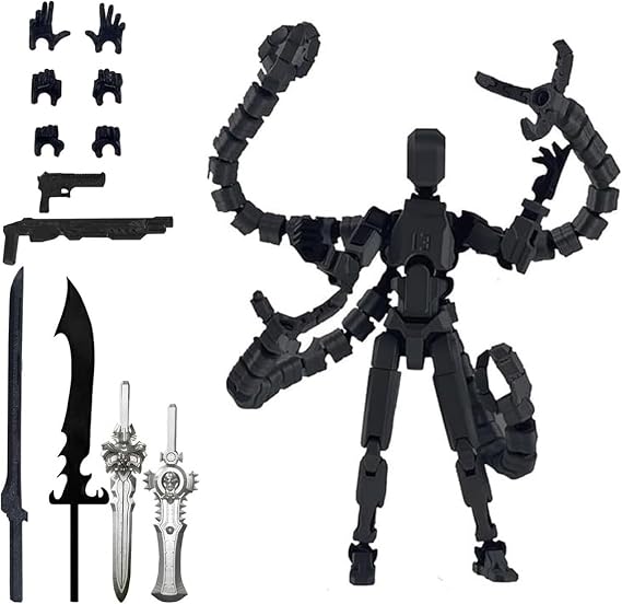 Action Figure - 3D Printed Poseable Model With Multi Jointed Body, Assembled Desktop Display Toy With Pose Accessories For Stop Motion, Photography And Drawing Reference, Black
