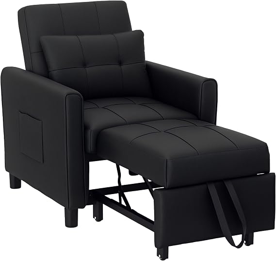 HOMCOM 3-in-1 Single Sofa Bed, Sleeper Chair Pull Out Bed, Black