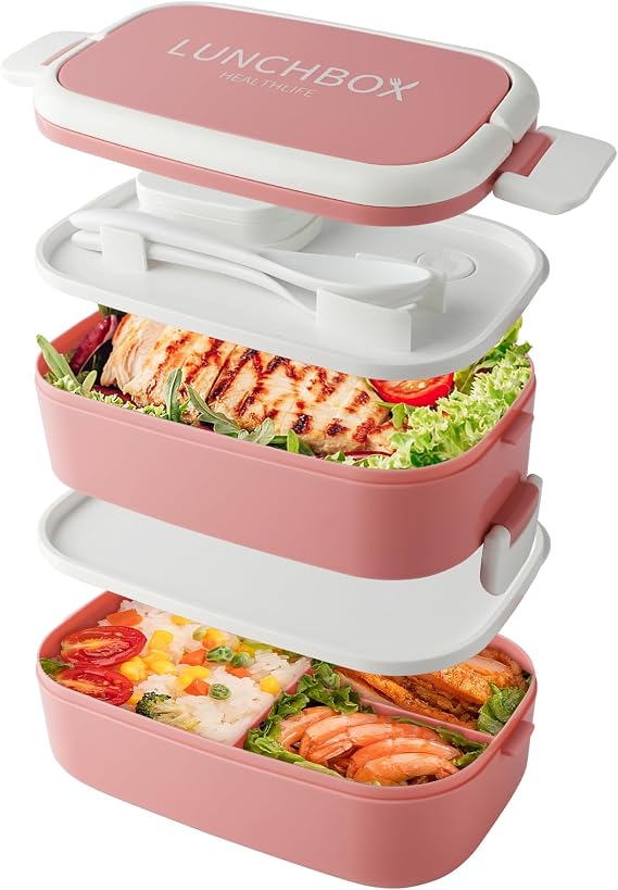 Stackable Bento Lunch Box, 1400 ml Containers with 4 Compartments and Cutlery, 2 Layer Leakproof Boxes, for Adults Children Office, Microwave Dishwasher Safe (Pink)