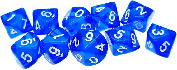 Dice D10,Transparent Polyhedral Dice 10 Pack Blue 10 Sided Dices for DND MTG RPG Dungeons and Dragons Party Familiy Gathering Table Games 22mm
