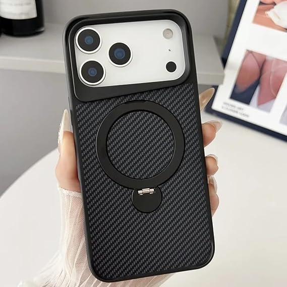 Coverzone iPhone 17 Pro ile uyumlu Kılıf Karbon Fiber Görünümlü Magsafe ile uyumlu Stand olabilen Carbon Case Tam Gövde Koruyucu Telefon Kılıfı Black