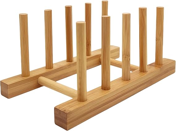 Plate Rack Holder for Kitchen Cupboards Bamboo Wooden Chopping Board Tray Dish Rack Stand Drainers, Kitchen Cabinet Organizer for Plate/Cup/Pot Lid (1, 4 slots)