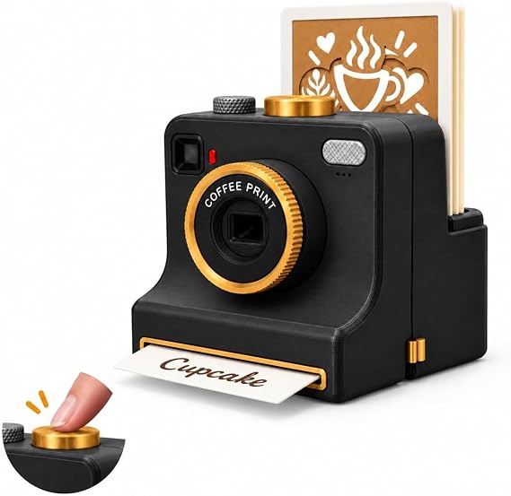 3D Printed Latte Art Camera, Manual Coffee Powder Printer, Coffee Stencil (Black)