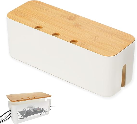 Cable Management Box, Larger Cable Tidy Box Cord Organizer Boxes with Bamboo Lid Cables Organised Boxes Includes Cables Ties Reusable Straps for Hiding Messy Wire Management