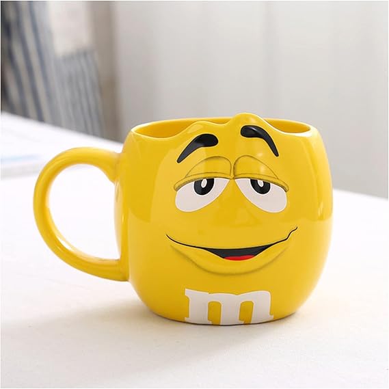 Coffee Cup 600ML M&M Bean Cute Ceramic Coffee Mug Kawaii Breakfast Tea Milk Cups and Mugs With Spoon Large Capacity Expression Drinkware Coffee Cups(Yellow)
